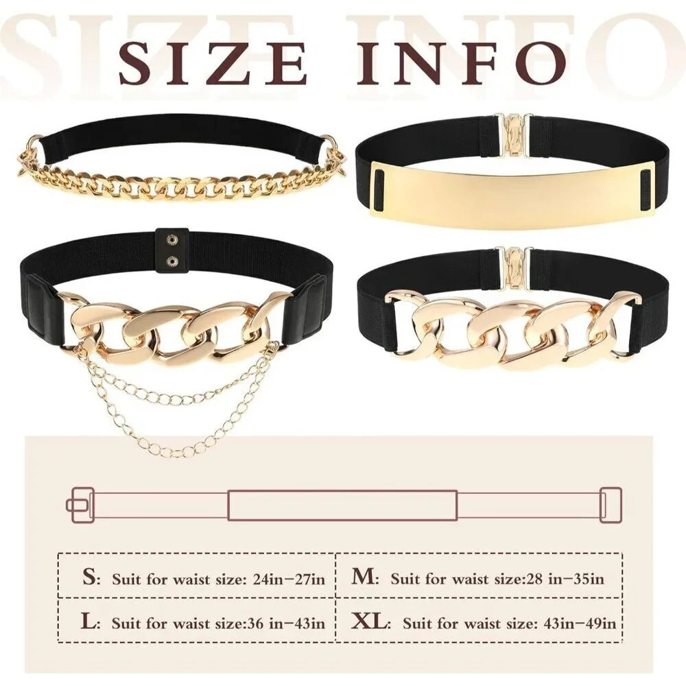 4 Pieces Women's Gold Metal Elastic Waist Belts for Dresses and Outfits